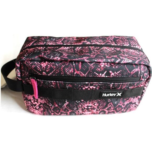 HURLEY COSMETICS BAG TRAVEL VIVID PINK BLACK SNAKE PRINT VERSATILE ANIMAL PRINT - Picture 2 of 16